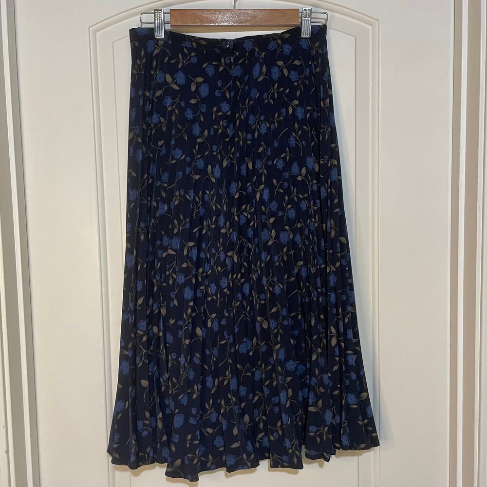 Vintage Sag Harbor Pleated Blue Black Floral Midi Skirt Size 10 Romantic Fairy